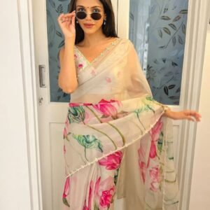 Striped Saree with Contrast Blouse – Stylish Pick
