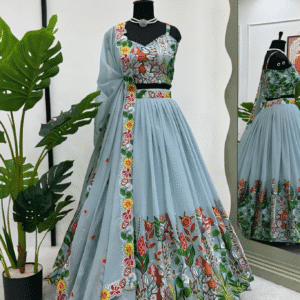 A FLOWERS LEHENGA CHOLI IS A TRADITIONAL INDIAN OUTFIT CHARACTERIZED ELEGANT DESING