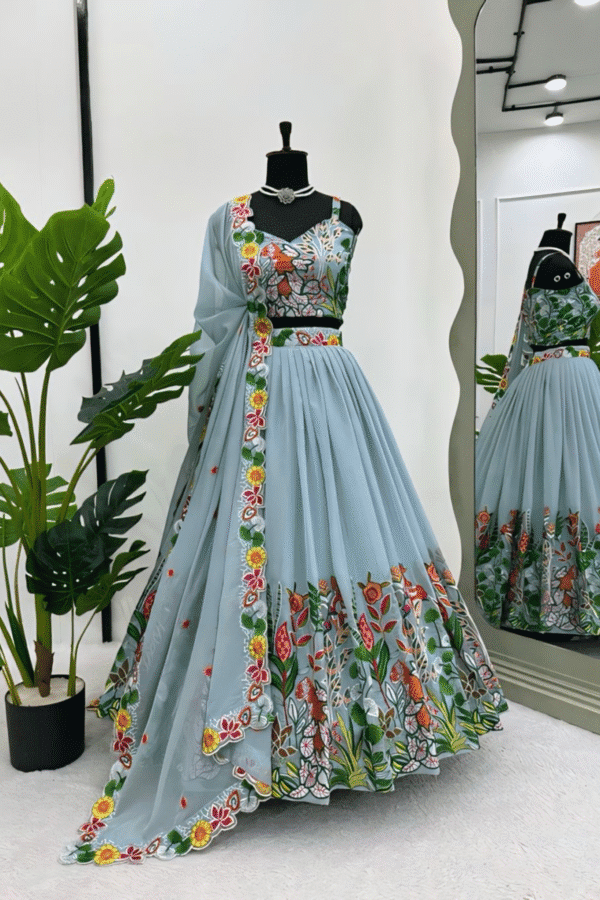 A FLOWERS LEHENGA CHOLI IS A TRADITIONAL INDIAN OUTFIT CHARACTERIZED ELEGANT DESING