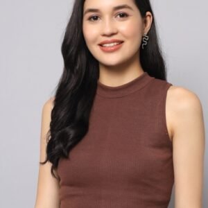 AAHWAN Women Brown Solid High Neck Crop Top