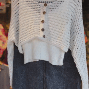 Chic Casual Ensemble Featuring a White Knit Button-Front Loose Pullover Top Paired with a High-Waisted Washed Black Denim Midi Skirt – Perfect...