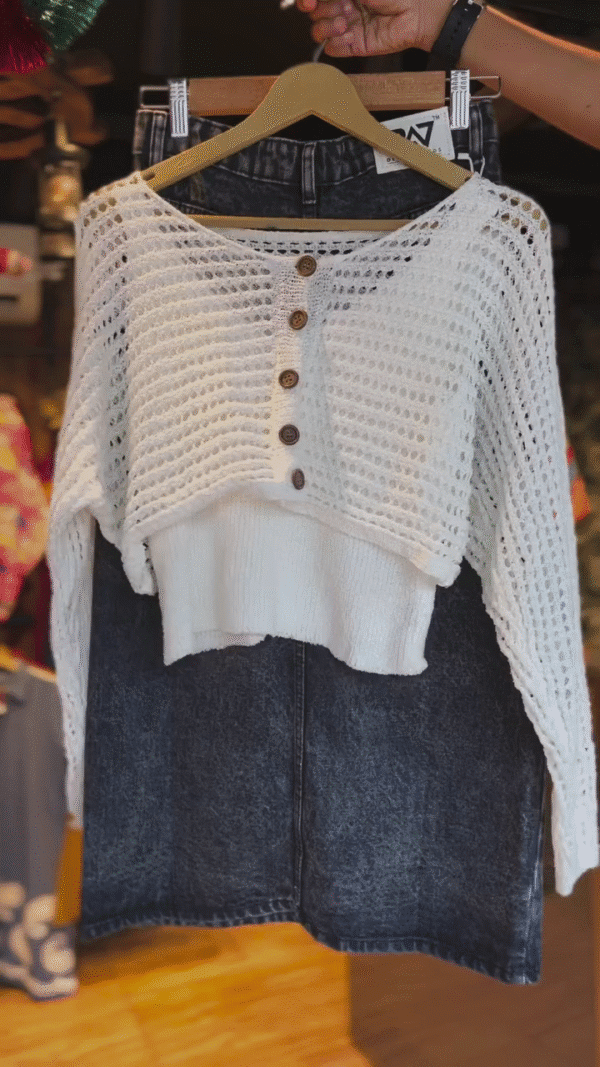 Chic Casual Ensemble Featuring a White Knit Button-Front Loose Pullover Top Paired with a High-Waisted Washed Black Denim Midi Skirt – Perfect...