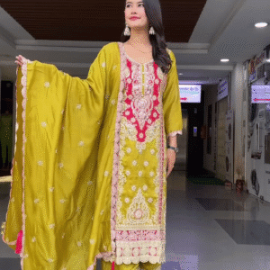 Embroidered Festive Wear Pakistani Style Suit Set for Women Featuring Rich Thread and Mirror Work with Heavy Lace Detailing, Paired with Matching...