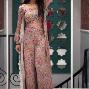 Multicolor Floral Embroidered Crop Top with Flared Palazzo Pants and Matching Long Shrug in Georgette Fabric for Festive and Indo-Western Occasions