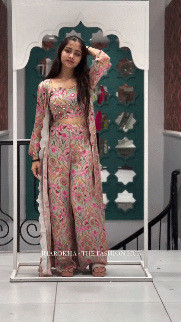 Multicolor Floral Embroidered Crop Top with Flared Palazzo Pants and Matching Long Shrug in Georgette Fabric for Festive and Indo-Western Occasions