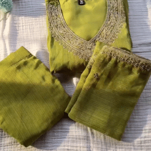 Olive Green Ethnic Suit Set for Women with Intricate Embroidery on Neckline, Premium Quality Fabric, Comfortable Fit – Perfect for Festive &...