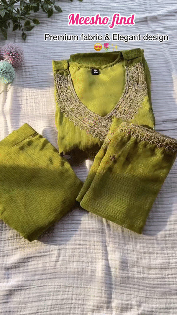 Olive Green Ethnic Suit Set for Women with Intricate Embroidery on Neckline, Premium Quality Fabric, Comfortable Fit – Perfect for Festive &...