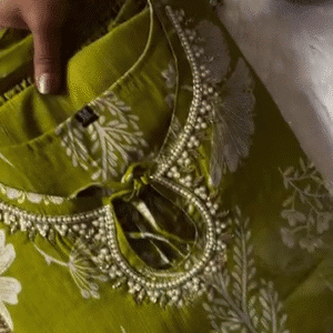 Olive Green Floral Printed Kurta Set with Pearl-Embellished Neck Design, Matching Bottoms, and Dupatta – Perfect for Festive and Ethnic Occasions