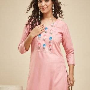 Beige Threadwork Semi Crepe Readymade Salwar Suit
