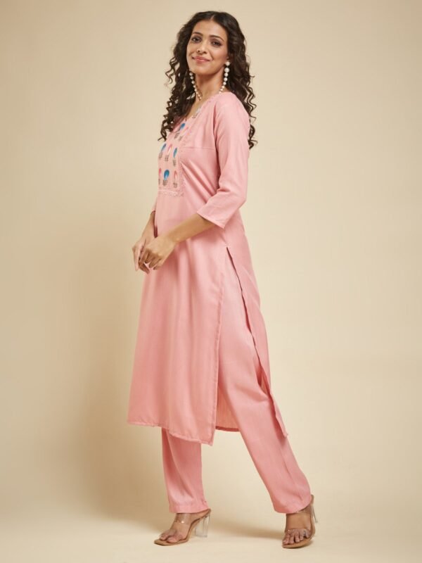 Beige Threadwork Semi Crepe Readymade Salwar Suit - Image 6
