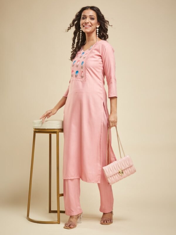 Beige Threadwork Semi Crepe Readymade Salwar Suit - Image 3