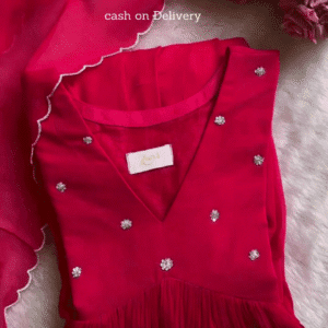 Red Georgette Kurti with Delicate Floral Embellishments and Pleated Hem – Soft Fabric with Matching Dupatta – Ideal for Festive and Casual Wear