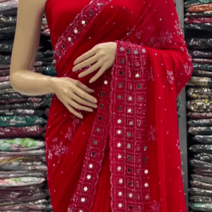 Red Georgette Mirror Work Saree with Intricate Thread Embroidery and Designer Lace Border – Perfect for Festive and Wedding Occasions
