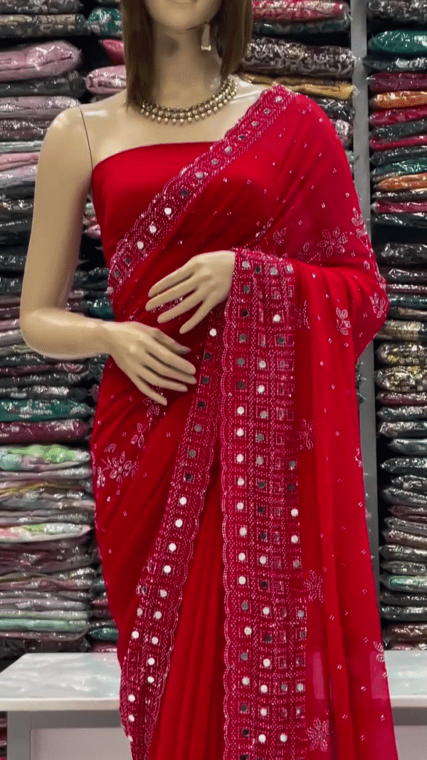Red Georgette Mirror Work Saree with Intricate Thread Embroidery and Designer Lace Border – Perfect for Festive and Wedding Occasions