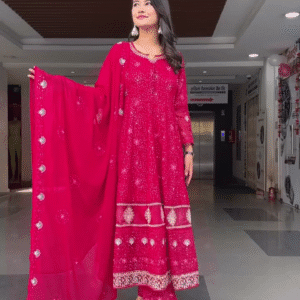 Stunning Festive Red Georgette Anarkali Kurta Set with Intricate Sequin Embroidery, Matching Embellished Dupatta, and Coordinated Pants – Ideal for...