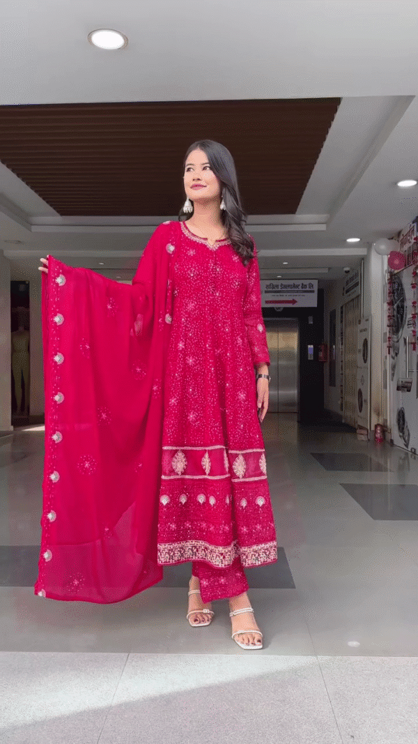 Stunning Festive Red Georgette Anarkali Kurta Set with Intricate Sequin Embroidery, Matching Embellished Dupatta, and Coordinated Pants – Ideal for...