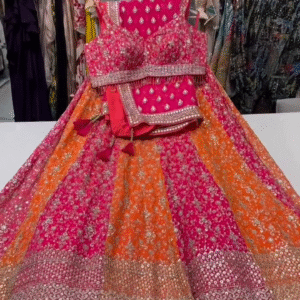Stunning Pink and Orange Bridal Lehenga Choli Set with Heavy Sequin and Zari Embroidery, Mirror Work Detailing, and Designer Tassel Accents –...