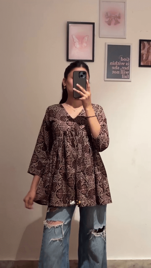 Stylish Printed Empire Waist A-Line Cotton Tops In Multi Design – Boho Ethnic and Tropical Designs with Flared Hem & 3/4 Sleeves, Perfect for...