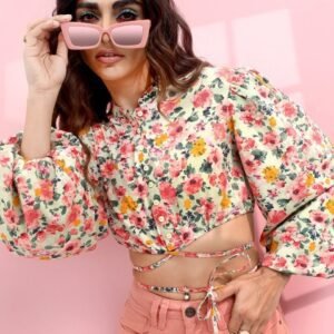 Tokyo Talkies Floral Print Mandarin Collar Blouson Crop Top