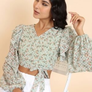 Tokyo Talkies Olive Green Floral Printed V-Neck Puff Sleeves Ruffles Wrap Crop Top