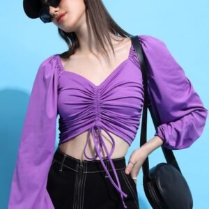 Tokyo Talkies Purple Sweetheart Neck Puff Sleeves Ruched Crop Top