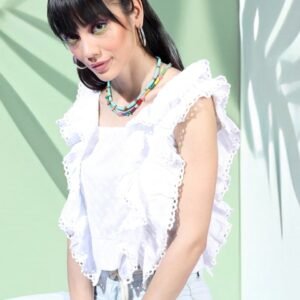 Tokyo Talkies White Self Design Square Neck Ruffled Crop Top