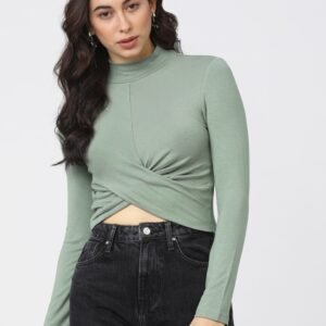 Tokyo Talkies Women Green Solid High Neck Wrap Crop Top