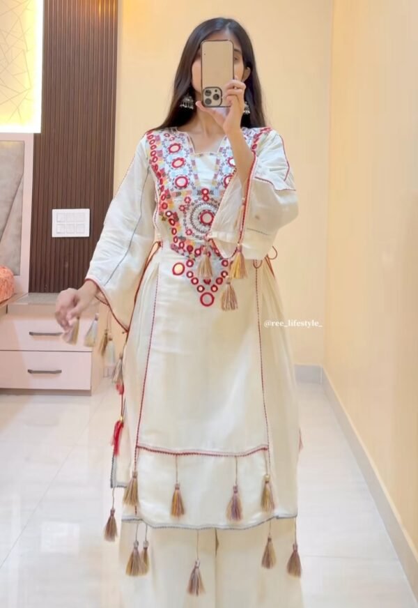 White Embroidered Kurti Set with Tassel Sleeves – Ethnic Wear for Women – Only ₹99 - Image 2