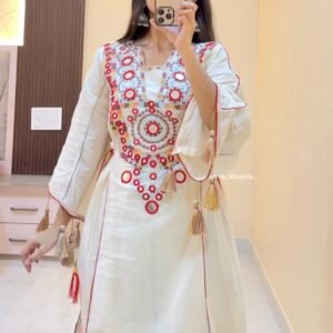 White Embroidered Kurti Set with Tassel Sleeves – Ethnic Wear for Women – Only ₹99