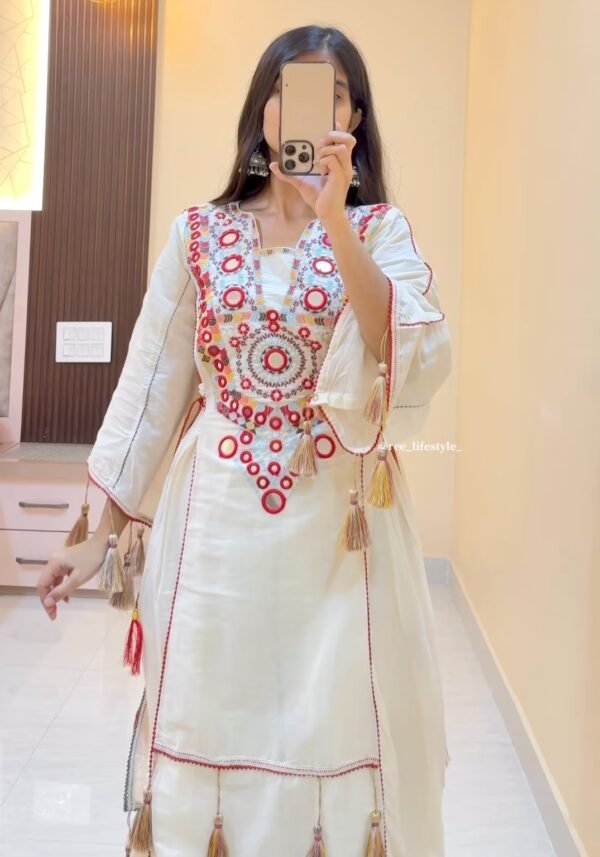 White Embroidered Kurti Set with Tassel Sleeves – Ethnic Wear for Women – Only ₹99