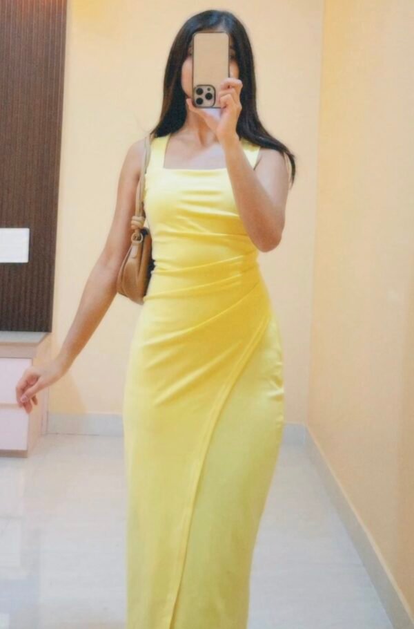 Trendy Yellow Ruched Wrap Bodycon Midi Dress for Women | Brunch & Day Party Outfit - Image 3