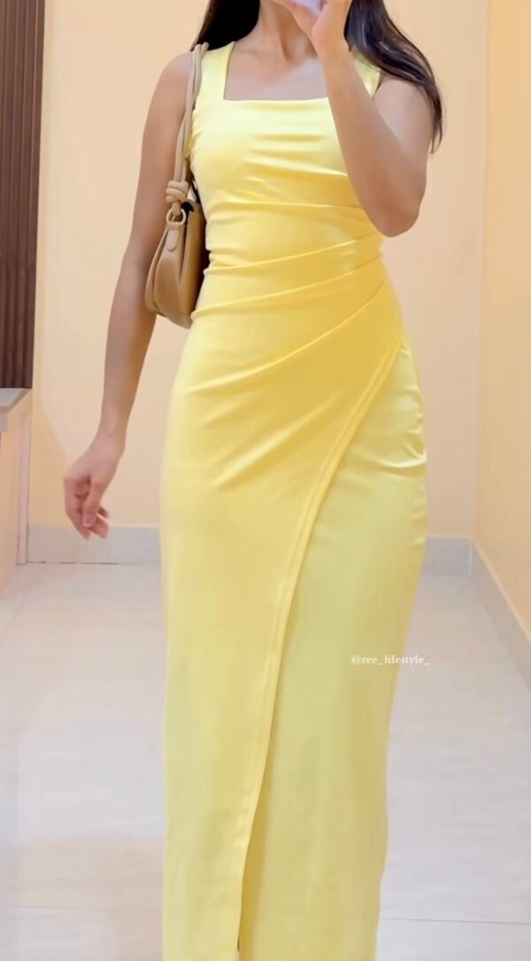Trendy Yellow Ruched Wrap Bodycon Midi Dress for Women | Brunch & Day Party Outfit - Image 2