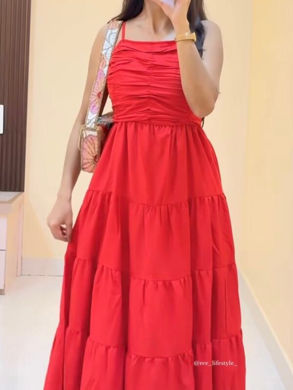 Elegant Red Ruched V-Neck Maxi Dress for Women | Party & Reception Outfit - Image 2