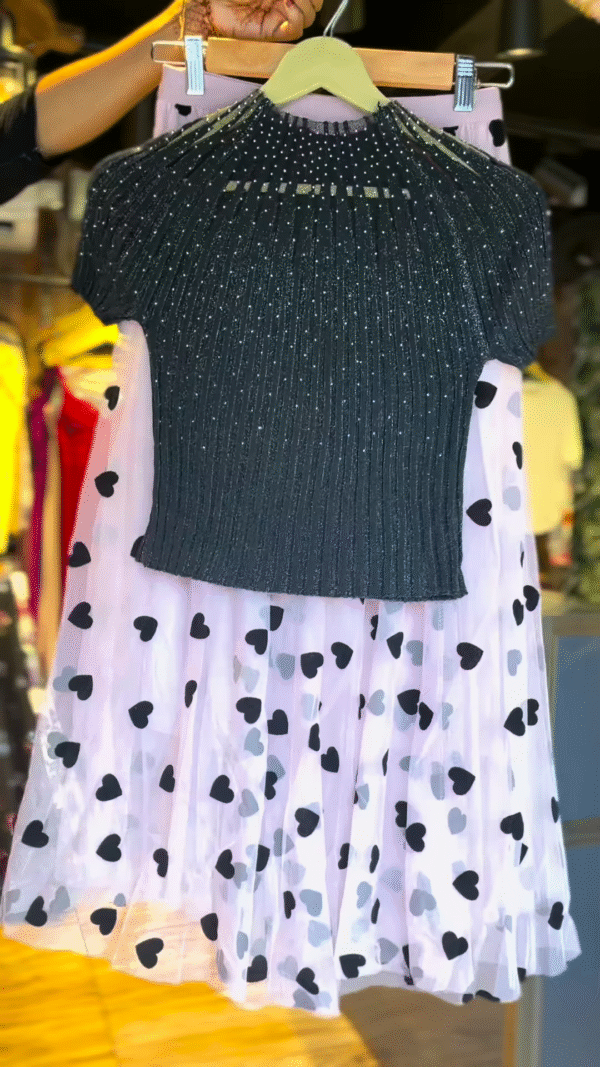 Black Glitter Top with Pink Heart Net Skirt – Magical Glam Co-ord Set