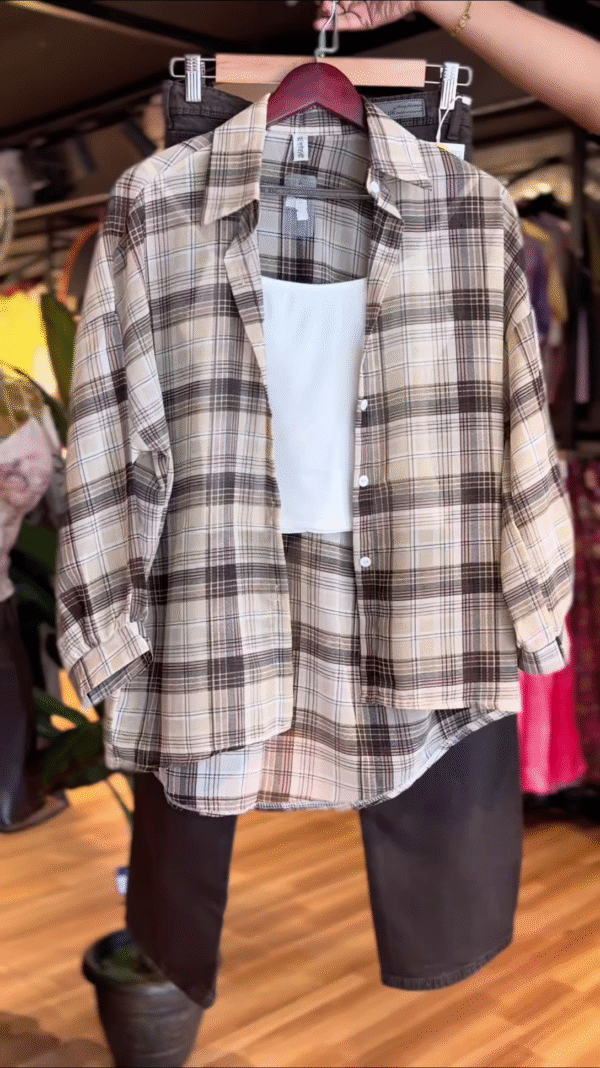 Classic Beige Checkered Shirt Co-ord Set with White Tank & Black Pants
