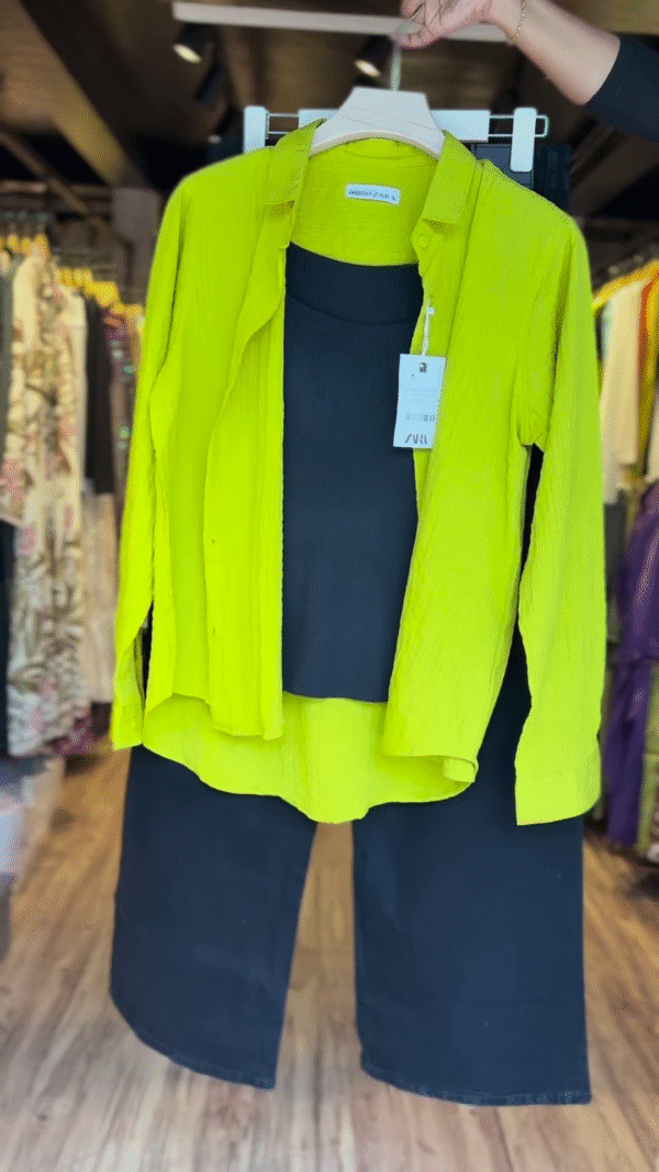 Lime Green Crinkle Shirt & Black Co-ord Set