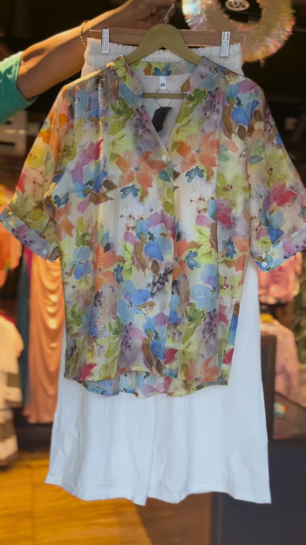 🌸 Pastel Floral Co-Ord Set – Breezy Shirt & White Trousers (2-Piece Set)