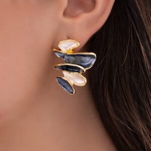 Nehaff Anti-Tarnish Abstract Shapes Blue & Ivory Enamel Earrings