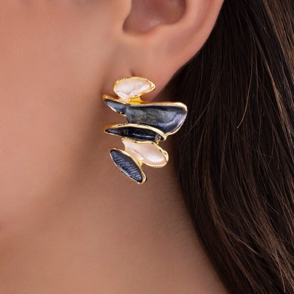 Nehaff Anti-Tarnish Abstract Shapes Blue & Ivory Enamel Earrings