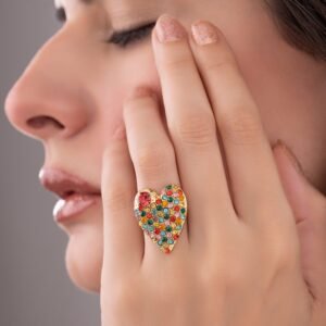Nehaff Anti-Tarnish Multi-Color Crystal Studded Heart-Shaped Ring